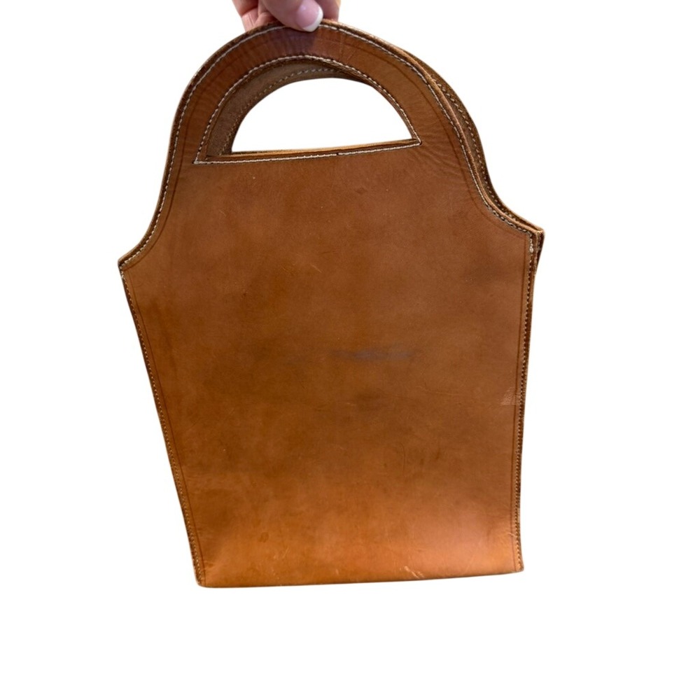 Vintage Tan Structured Leather Tote‎ Bag Cutout Handle Minimalist Cognac Handbag